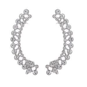 Detailed view of silver curved ear crawlers featuring sparkling clear crystals in a C-shape