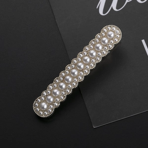 Elegant scalloped rectangular hair clip with white pearls on silver alloy base