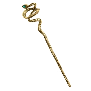 Épingle à cheveux serpent dorée avec œil en gemme verte et écailles métalliques de style rétro