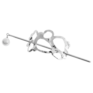 Minimalist silver geometric hair pin set with hollow metal piece and round pearl charm