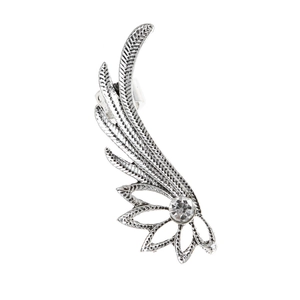 Manchette d'oreille ailes d'ange argentées avec plume ciselée et zircon brillant