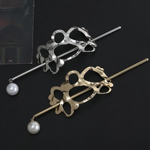 Abstract geometric hollow metal hair pin set with elegant dangling pearl charms