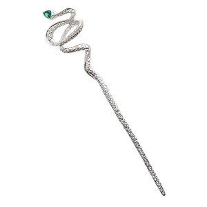 Pic à cheveux moderne en forme de serpent argenté orné d'une pierre gemme verte