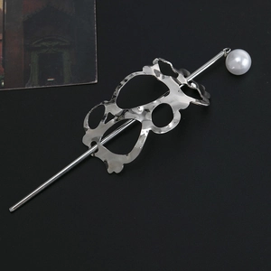 Abstract silver geometric hollow hair pin with white pearl accent in retro style