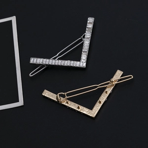 Geometric V-shaped hair clips with rhinestones in gold and silver finish set of 2