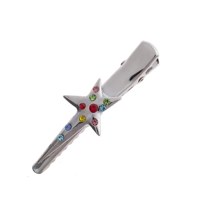 Chic silver metal star hair clip with colorful rhinestones in a sweet duckbill design