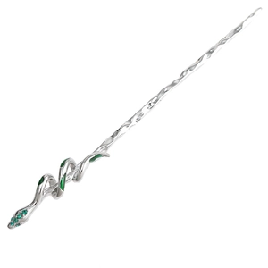 Silver snake hair pin with green enamel and crystals on a hammered texture metal base