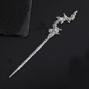 Vintage irregular silver hair pin with rhinestones and liquid metal texture for women