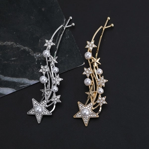 Elegant star hair clip set with pearls and rhinestones in gold and silver finish