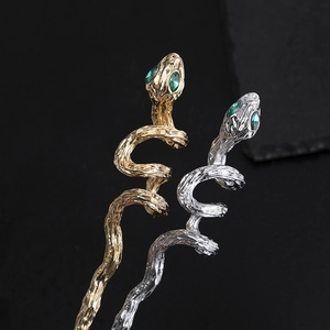 Épingles à cheveux serpent vintage en or et argent avec yeux en pierres vertes et écailles