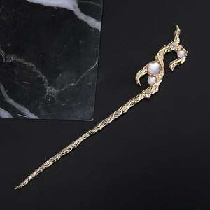 Vintage golden branch hair pin with blue opal beads and crystals for women styling