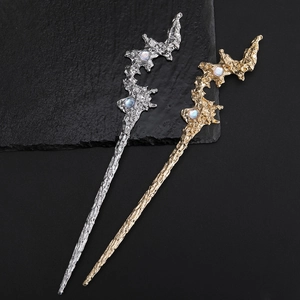 Vintage irregular alloy hair sticks in gold and silver with iridescent gemstone accents