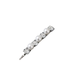 Elegant silver hair clip with three white pearls and three sparkling faceted rhinestones