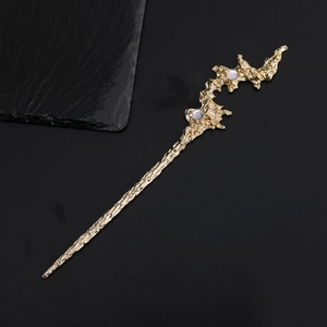 Vintage irregular gold-plated hair pin with molten lava texture and opal-like gems