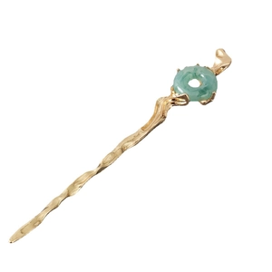 Chinese vintage style hair pin with irregular gold metal stem and green jade ring ornament