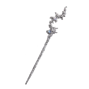 Vintage irregular liquid metal hair stick with blue gemstones in gothic silver style