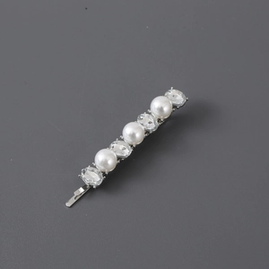 Elegant silver hair clip with alternating white pearls and sparkling rhinestones for women