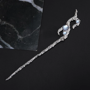Vintage silver branch hair stick with blue moonstone inlays for women hairstyle