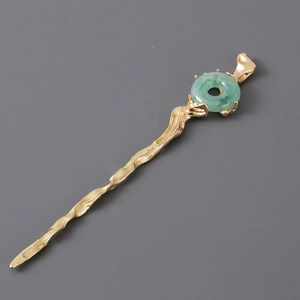 Vintage Alloy Hair Stick Irregular Lava Texture Green Ring Inlay Chinese Style Metal Hair Pin For Women Hair Accessory