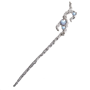 Vintage silver hair stick with branch design and light blue faux opal stones