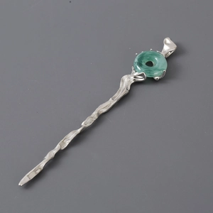 Minimalist silver wave hair pin with green jade ring pendant in Zen style aesthetic