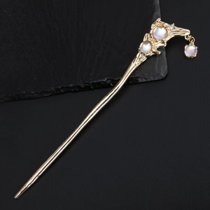 Vintage gold alloy hair stick with iridescent beads and delicate charms for women