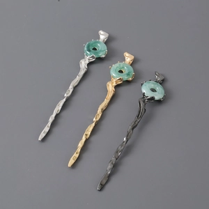 Irregular metal hair pin with green jade ring pendant in gold, silver, and black finishes