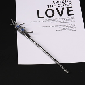 Harry Potter style magic wand hair stick with blue gems and dark twig texture