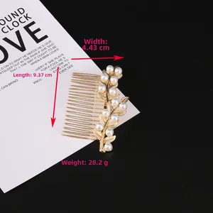 Golden leaf hair comb with pearls, size detail showing 9.37cm length and 4.43cm width