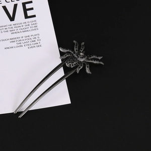 Gothic spider hair pin with black rhinestones and gunmetal alloy in U-shape design