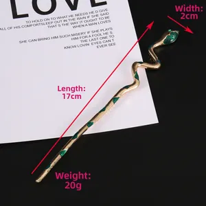 Detailed view of 17cm snake hair pin with green enamel and gold finish dimensions