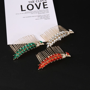 Three-piece vintage leaf hair comb set with colorful rhinestones and gold alloy teeth