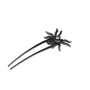 Gothic black spider hair pin with sparkling crystals and double prong U-shaped design