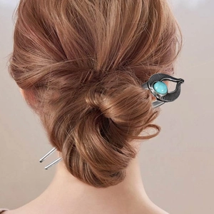 Vintage Ethnic U-Shaped Hair Stick For Women Antique Alloy Hair Fork With Turquoise Style Decoration Retro Hair Jewelry