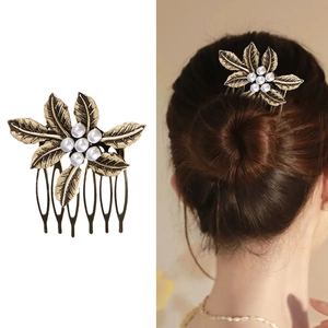 Vintage Alloy Leaf Artificial Pearl Hair Comb For Women Antique Bronze Silver Plated Bridal Wedding Party Hair Accessories Jewelry