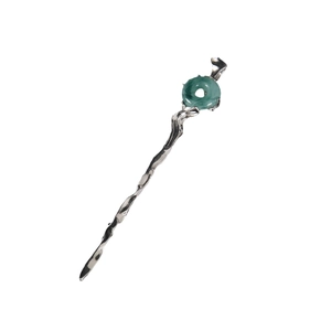 Pic à cheveux minimaliste chinois en argent avec anneau en jade vert et texture de vigne