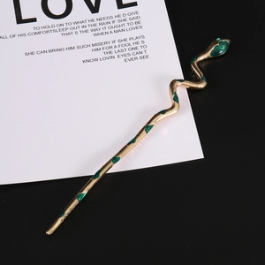 Vintage Snake Shaped Hair Stick Alloy Gold Silver Plated With Green Enamel Rhinestone Gothic Hair Accessories For Women