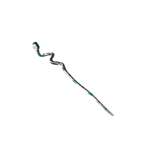 Silver snake hair pin with green enamel details on a minimalist white background