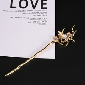 Ancient style irregular branch hair pin with sparkling colorful gems and gold finish