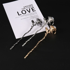Elegant rose-shaped hair stick with pearl inlay and branch texture in three metal finishes
