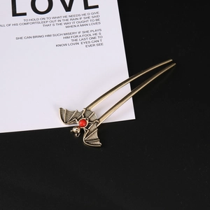 Gothic bat hair fork with red stone in vintage bronze finish for punk hair styling