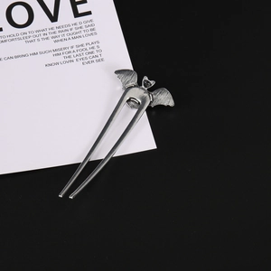 Gothic bat hair fork in antique silver finish with black bead for punk aesthetic style