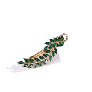 Elegant gold leaf hair clip with green marquise crystals in vintage palace style