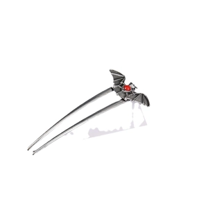 Gothic bat hair pin in vintage silver with a red teardrop stone for punk styles