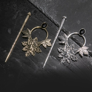Gothic punk maple leaf hair pin set with gemstone and mythical mask carvings in gold and silver