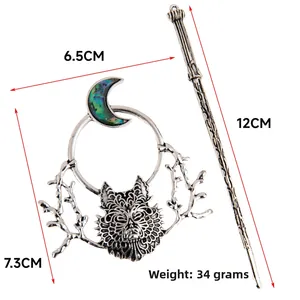 Gothic vintage metal hair slide detail showing wolf relief and moon charm dimensions