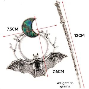 Gothic bat and crescent moon hair pin set in vintage silver alloy finish with shell inlay