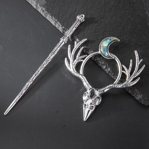 Gothic raven skull and deer antlers hair stick set with crescent moon opal inlay