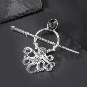 Épingle à cheveux gothique en alliage d'argent avec motif pieuvre et gemme noire