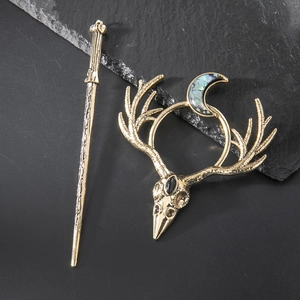 Gothic antler hair stick set with golden raven skull and crescent moon elements